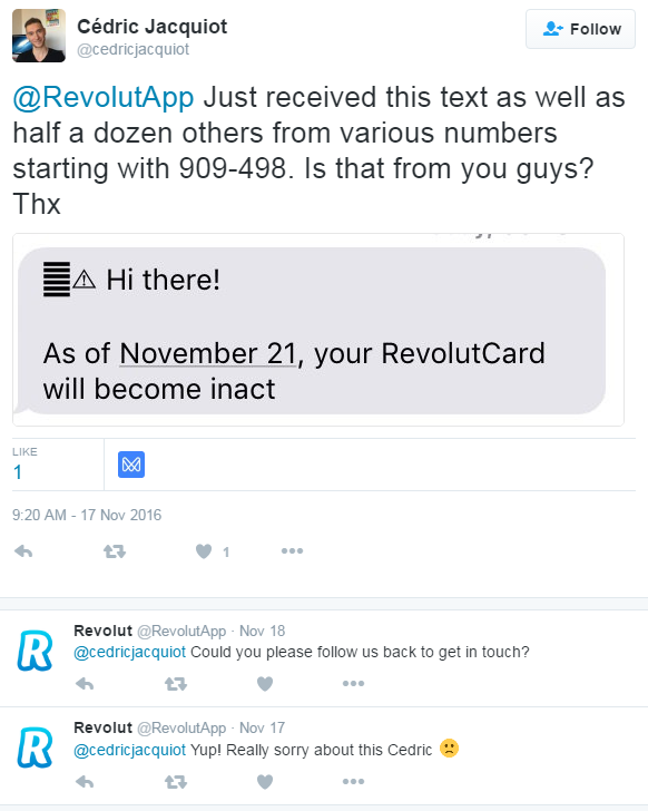 Revolut Twitter answers about SMS